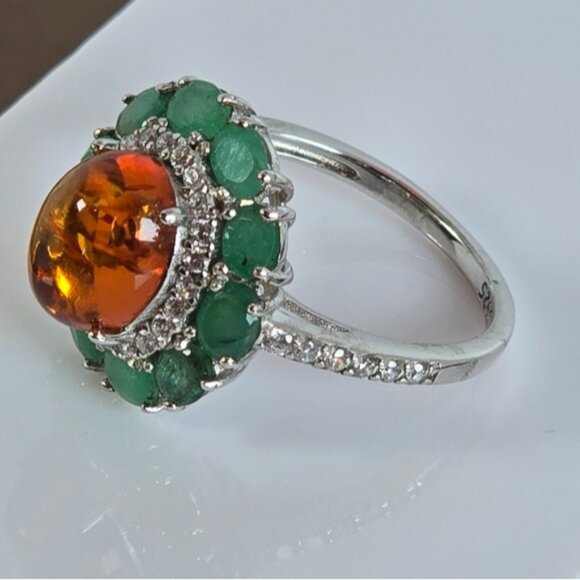 925 Sterling Silver Ring with Natural Amber & Emerald Gemstones - Picture 4 of 15
